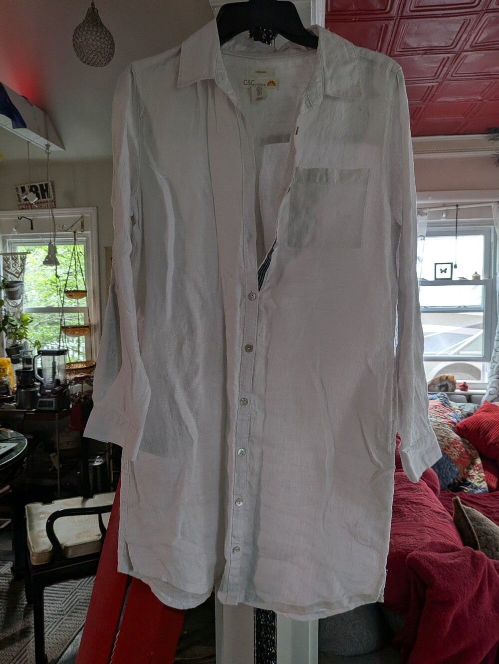 C&C California White Longline Button-Down Shirt/Dress--LINEN